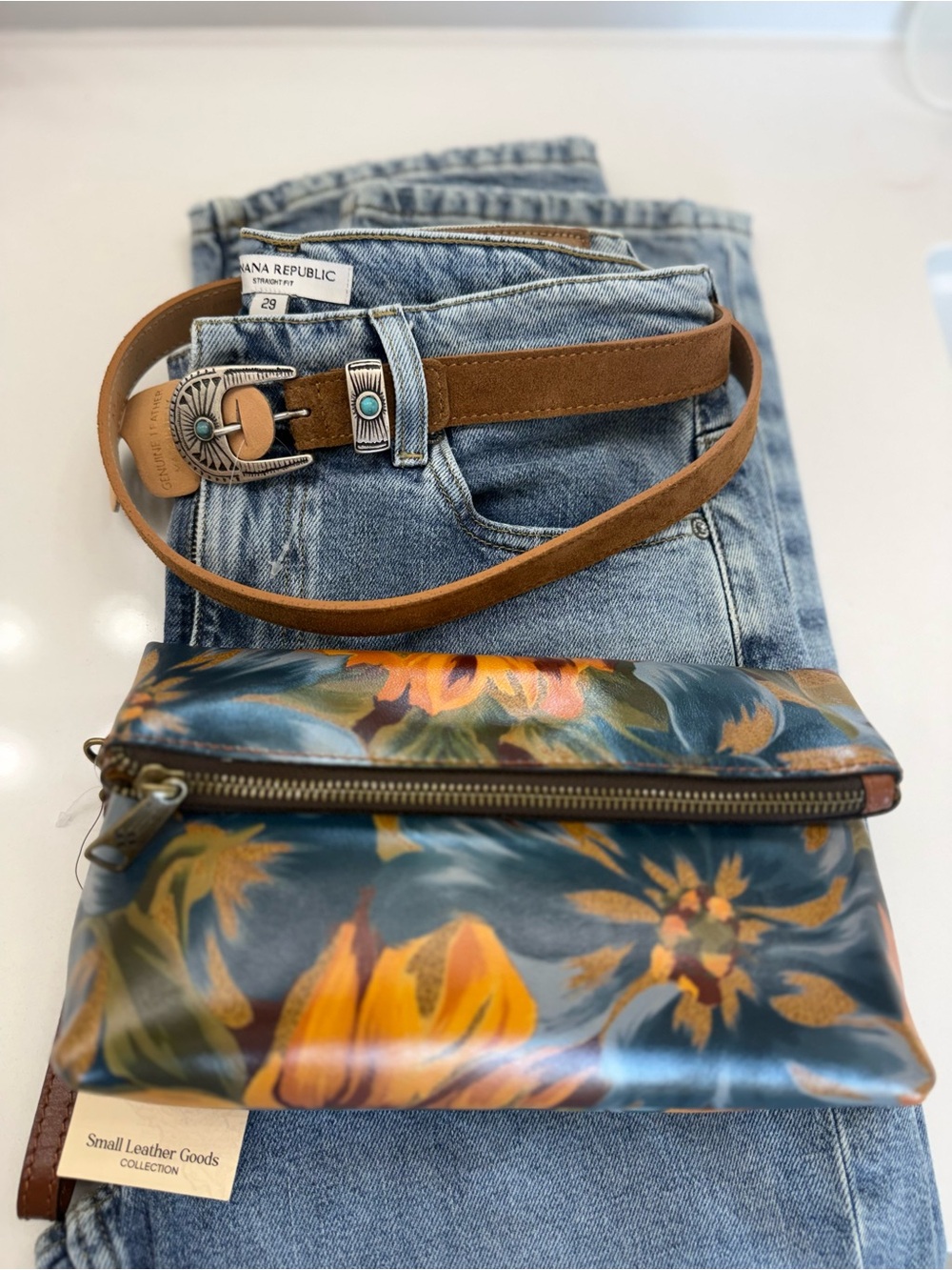 Patricia Nash Blue & Yellow Floral Leather Wristlet Clutch with Brown Strap NWT